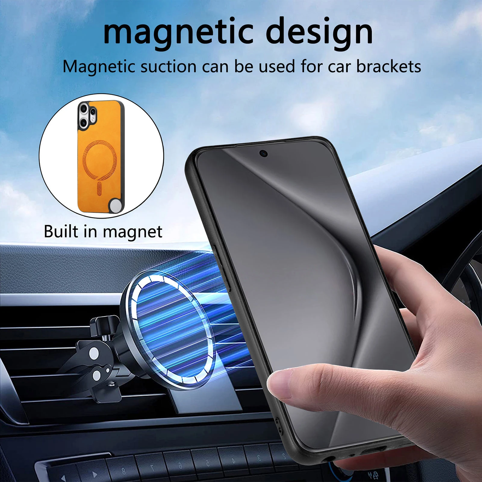 Magnetic Leather Case with MagSafe Wireless Charging and Matte Shockproof Bumper