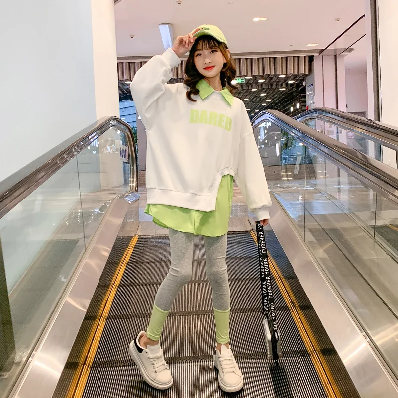 

Girls Casual Clothing Set Letter Patchwork Sweatshirt & Leggings Two-piece Set Costume for Kids Teenage Children Spring Outfits