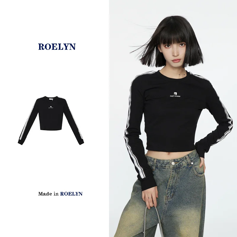 

ROELYN Autumn American Vintage Black Shoulder Long Sleeve T-shirt Women's Short Fit Autumn/Winter Underlay Top