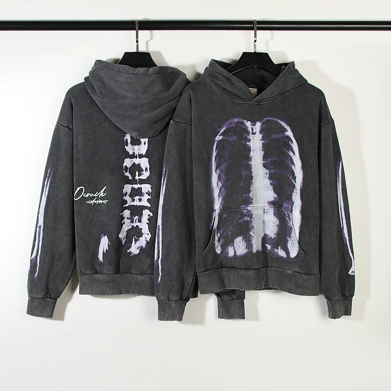 

High Street Kanye Wash Vintage Hoodie Men Women Worn Out Damaged Skull X-Ray Hooded Sweatshirts