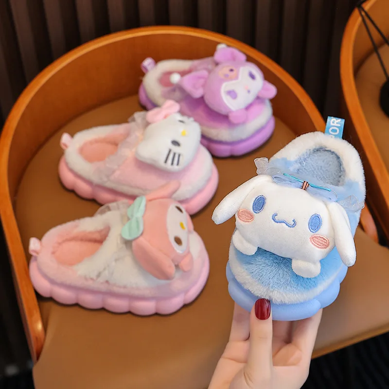 

Sanrio Children Wintertime Plush Slippers Kawaii Hello Kitty Cinnamoroll Kuromi Parents and Kid Cotton Slippers Y2K Girl Gift