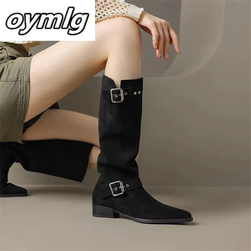 

2023 Autumn/Winter New Square Head High Barrel Boots with Middle Heel Belt Buckle and Plush Sleeve Wrinkle Long Boots