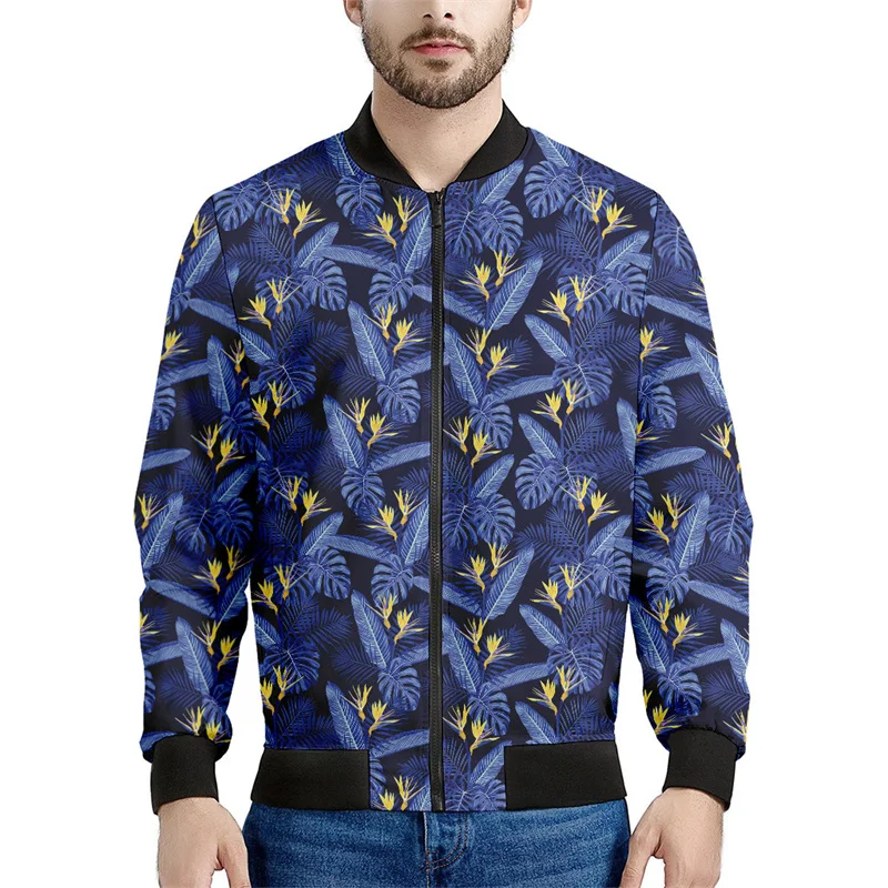 thumbnail image 1 of Chaqueta con cremallera y estampado 3D de flores hawaianas para hombre, sudaderas con estampado de plantas tropicales, abrigos bombarderos de gran tamaño y mangas largas, 1 of 5