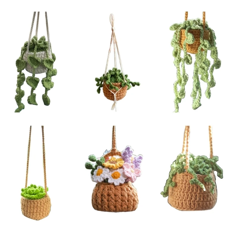 50JA Car Hanging-Handmade Rear View Mirrior Charm Car Decorations Knitted Hanging- Planters for for Car Home-Decoration