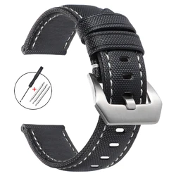 Genuine Black Sailcloth Waterproof Watch Band - Soft Nylon Sports Strap - 26mm (Black White)