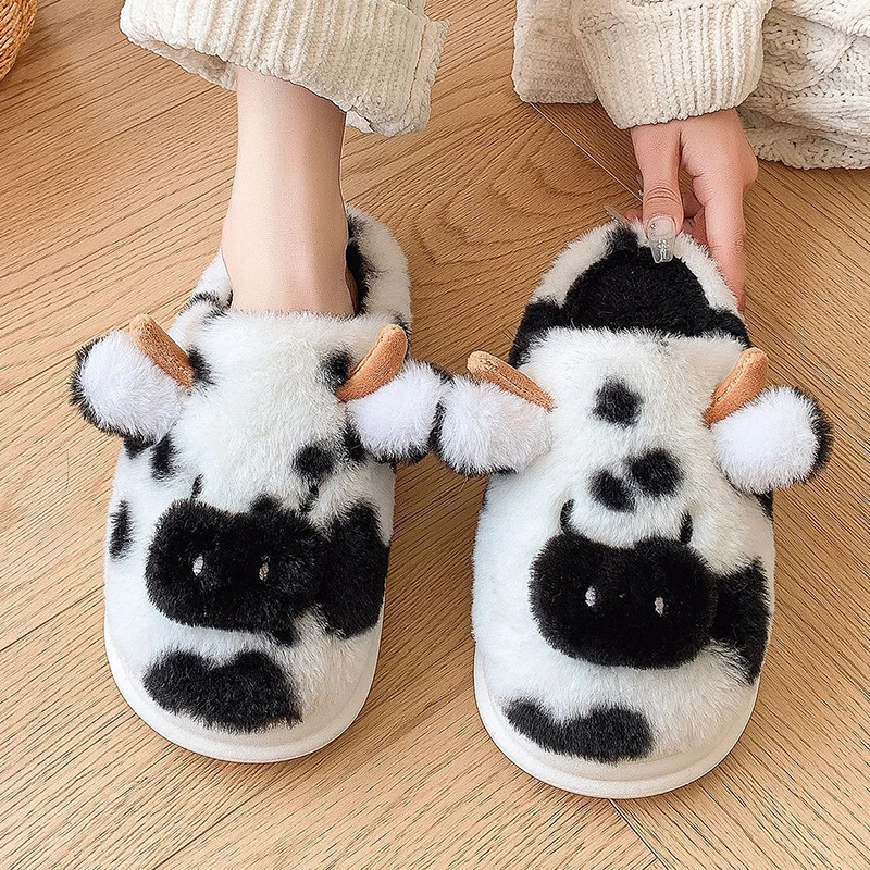 Cute Cartoon Fluffly Cow Slippers Women Winter New Indoor Platform Cotton Slippers Woman Non Slip Warm Plush Home Shoes Female