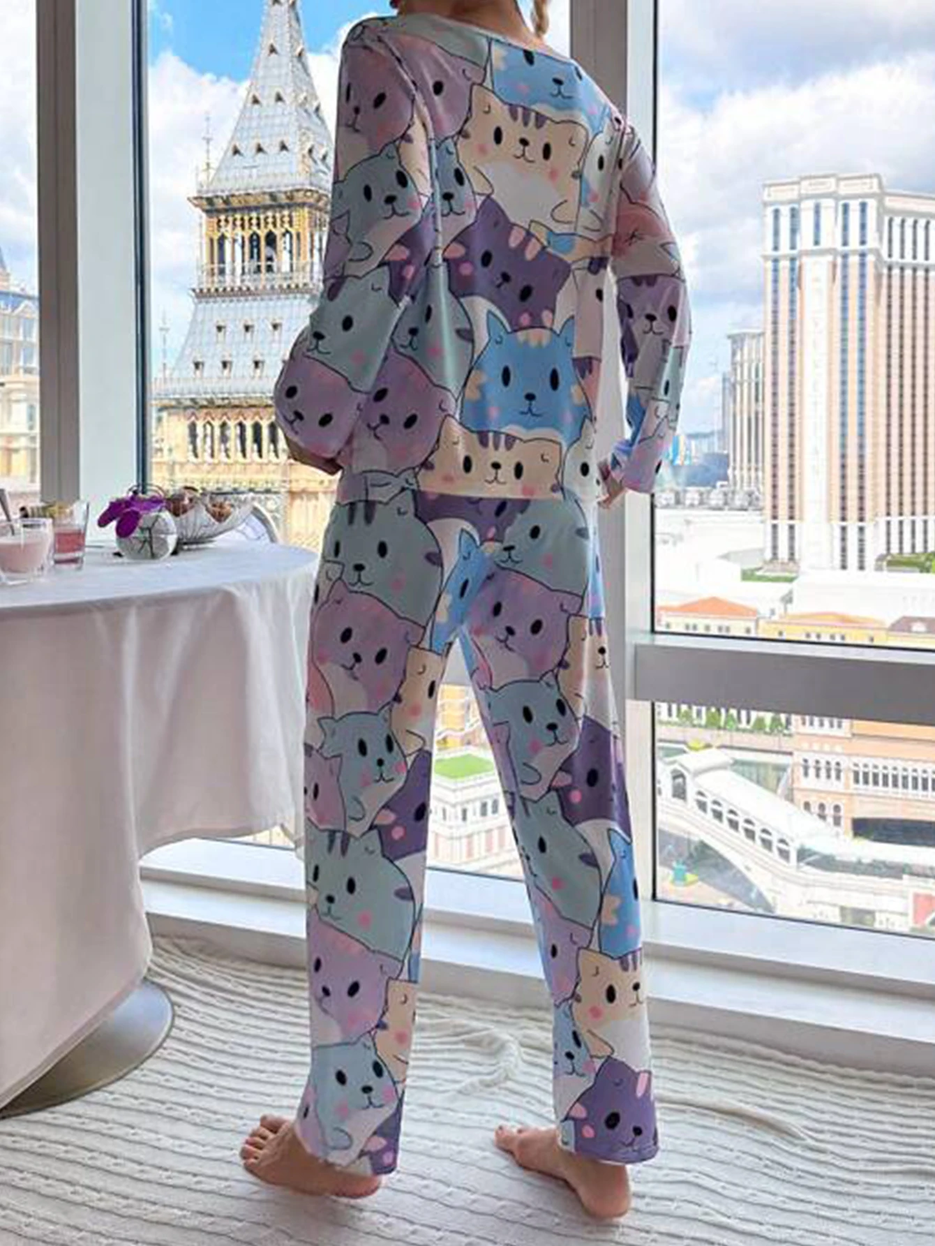 Allover Prints Cartoon Cat Women Pajama Set Long Sleeves Crew