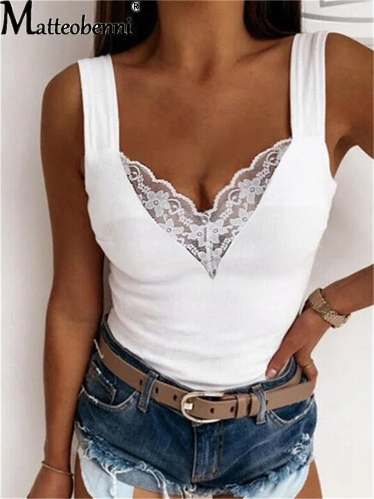 

2022 Sexy Lace V-Neck Tank Top Fashion Summer Women Sleeveless Solid Color Clothes Ladies Casual Loose Bottoming Vest Shirt Tops