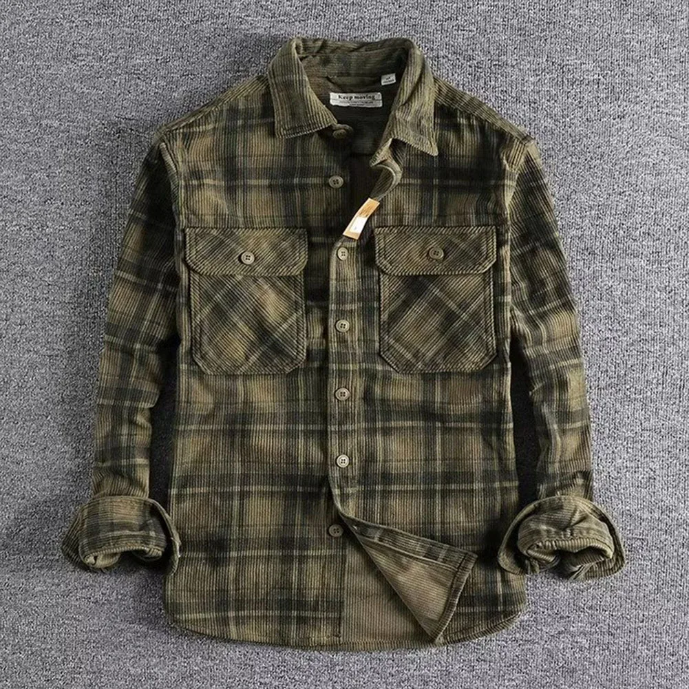 Fashion Vintage Men Classic Long Sleeve Plaid Shirts Lapel Collar Pocket Washed Corduroy All-Match Shirt Coat Tops Man Clothes