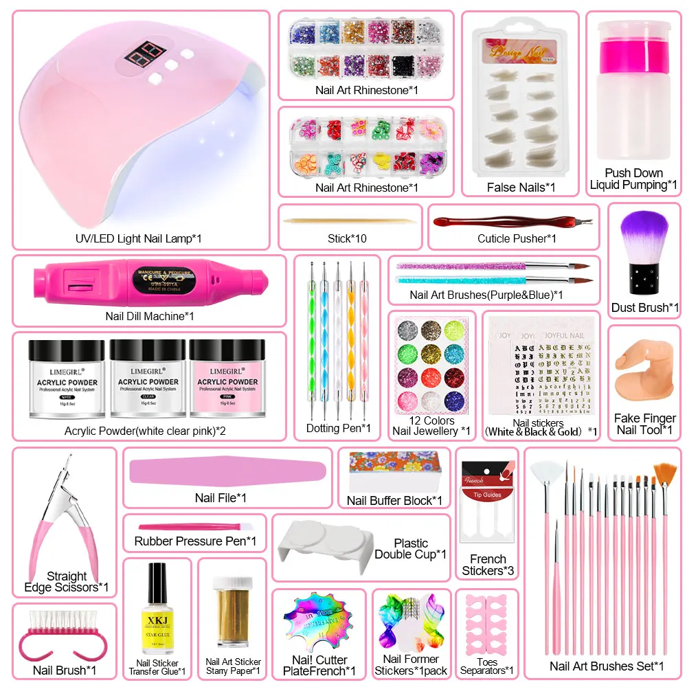 Acrylic Nail Art Kit UV Nail Dryer Light Polishing Tools With Electric Nail Drill Acrylic Nail Art Supplies For Beginner With Ev 6