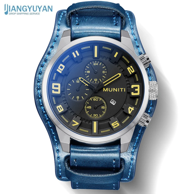 

FREE RETURNS ® Men Wristwatch Top Brand Luxury Waterproof Watch Blue Genuine Leather Sport Military Quartz Original Male Clock