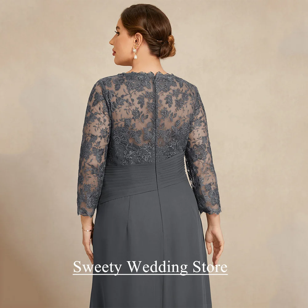 Grey Mother of Bride Dress Plus Size Scoop 3/4 Sleeves Pleat Applique Chiffon A Line Wedding Guest Gown