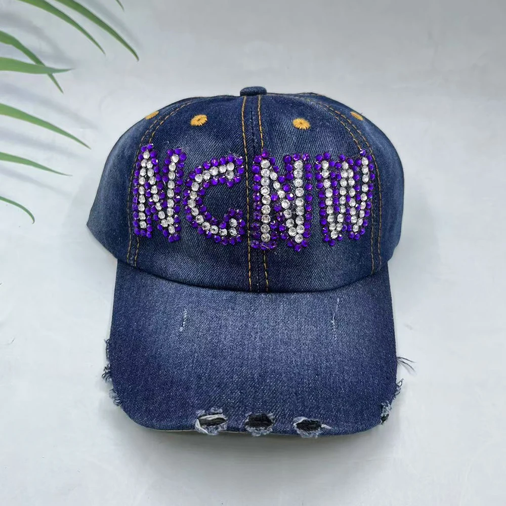 수제 고급 그리스 알파벳 프라타니티 자매들 보라색 흰색 반짝이는 라인스톤 NCNW 카우보이 야구 모자 조절 가능