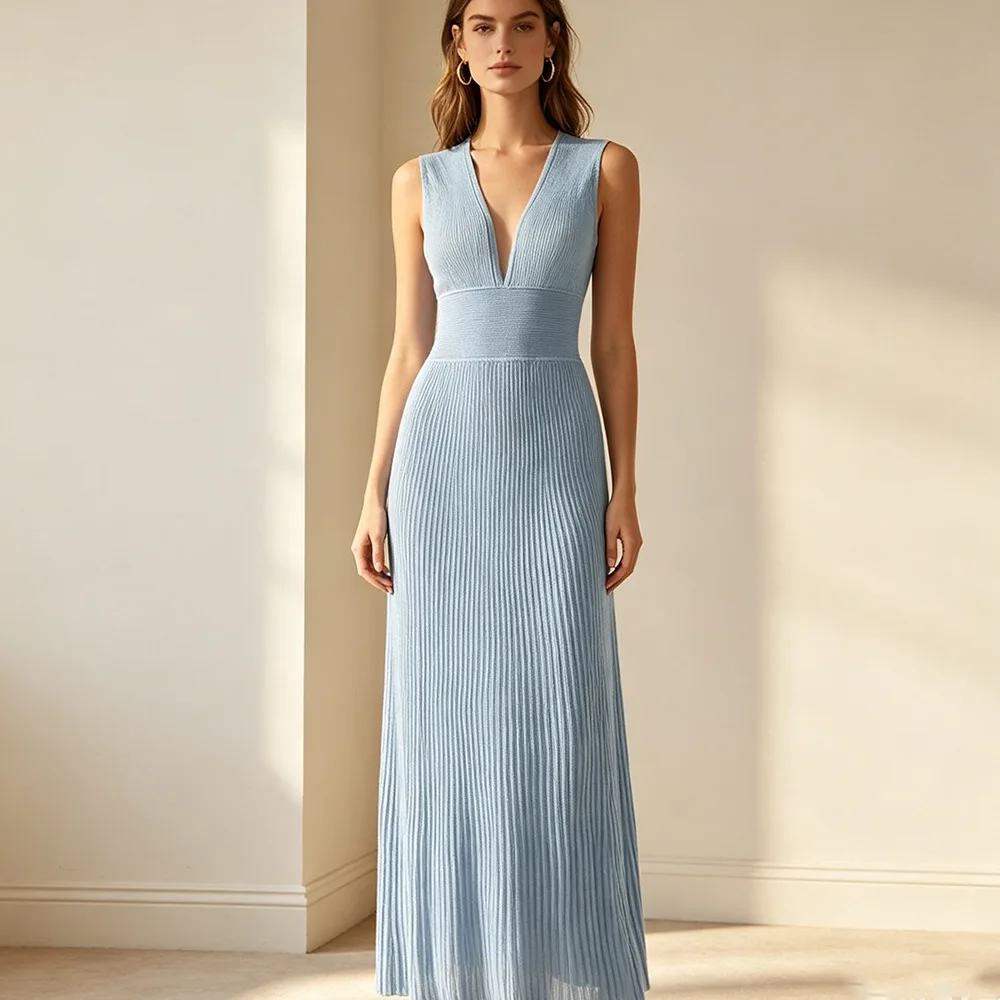 ZJYT Summer Women's Elegant Party Dresses Maxi Evening Gown 2026 New Fashion Deep V Neck Bright Silk Knitted Sweater Dress Blue 2
