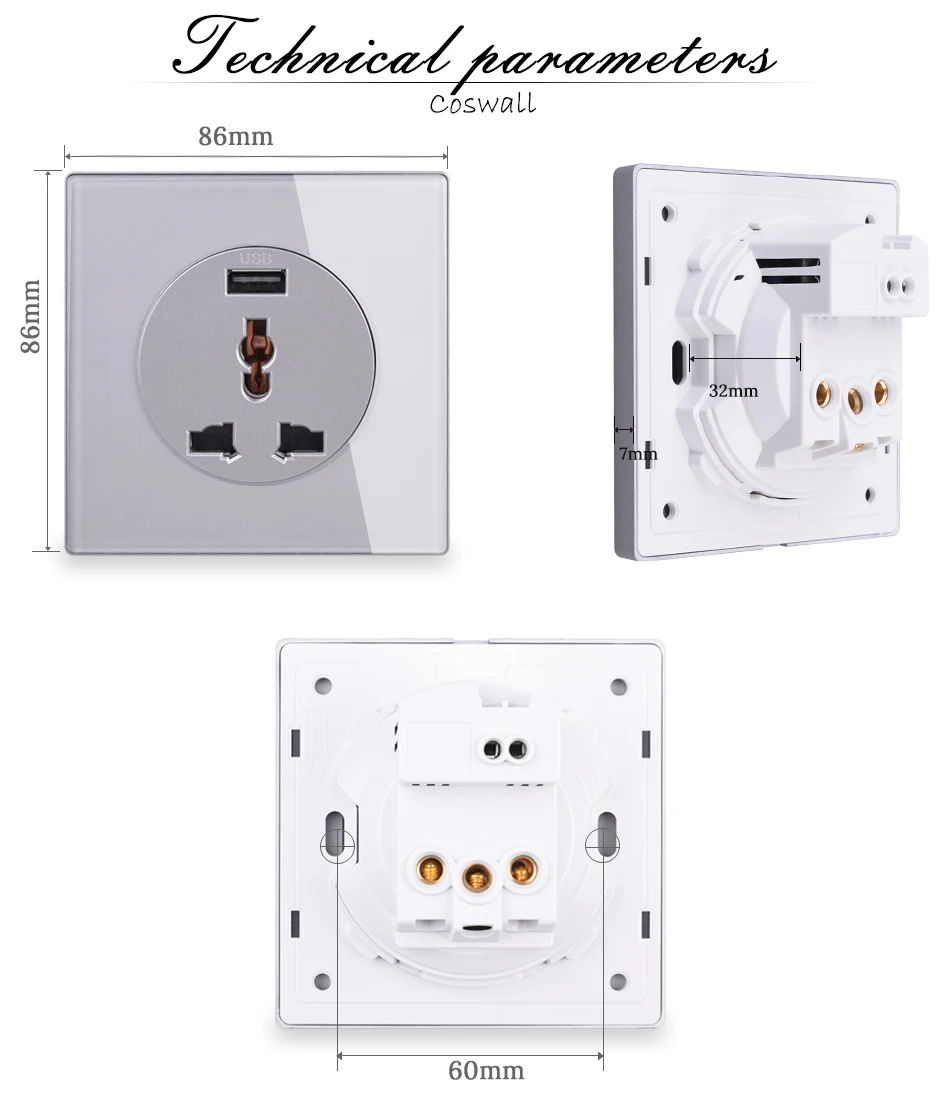 Coswall Crystal White Glass Panel 13A UK British Standard Power Socket With USB Fast Charging Port 15A Outlet images - 6