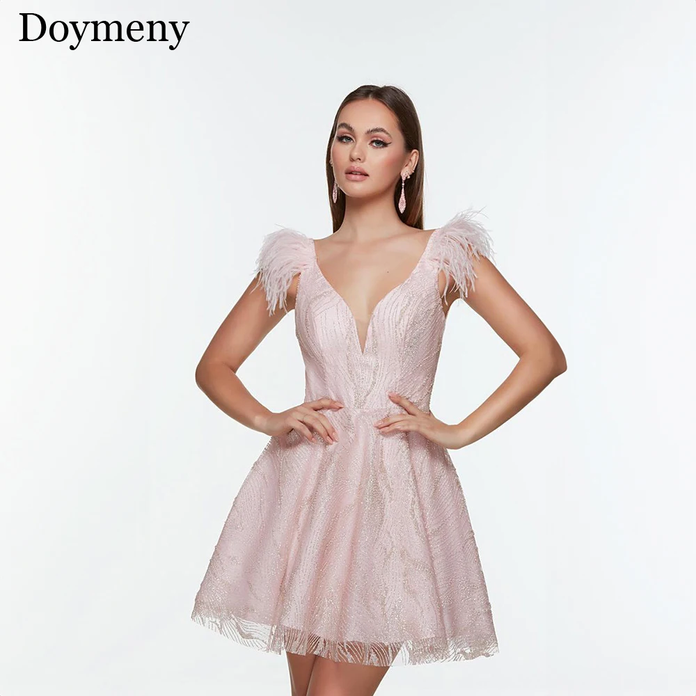 

Doymeny Elegant Homecoming Dresses Stunning V-Neck Backless Off The Shoulder Above Knee Tulle vestidos de graduación