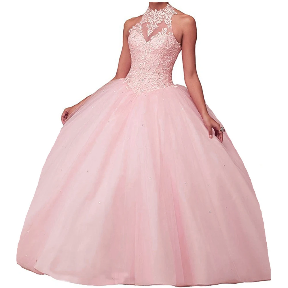 CharmingBridal Beaded Sweet 16 Dresses Puffy Halter Neck Prom Graduation Ball Gown Quinceanera Dress Vestido De Quincea&ntilde;era