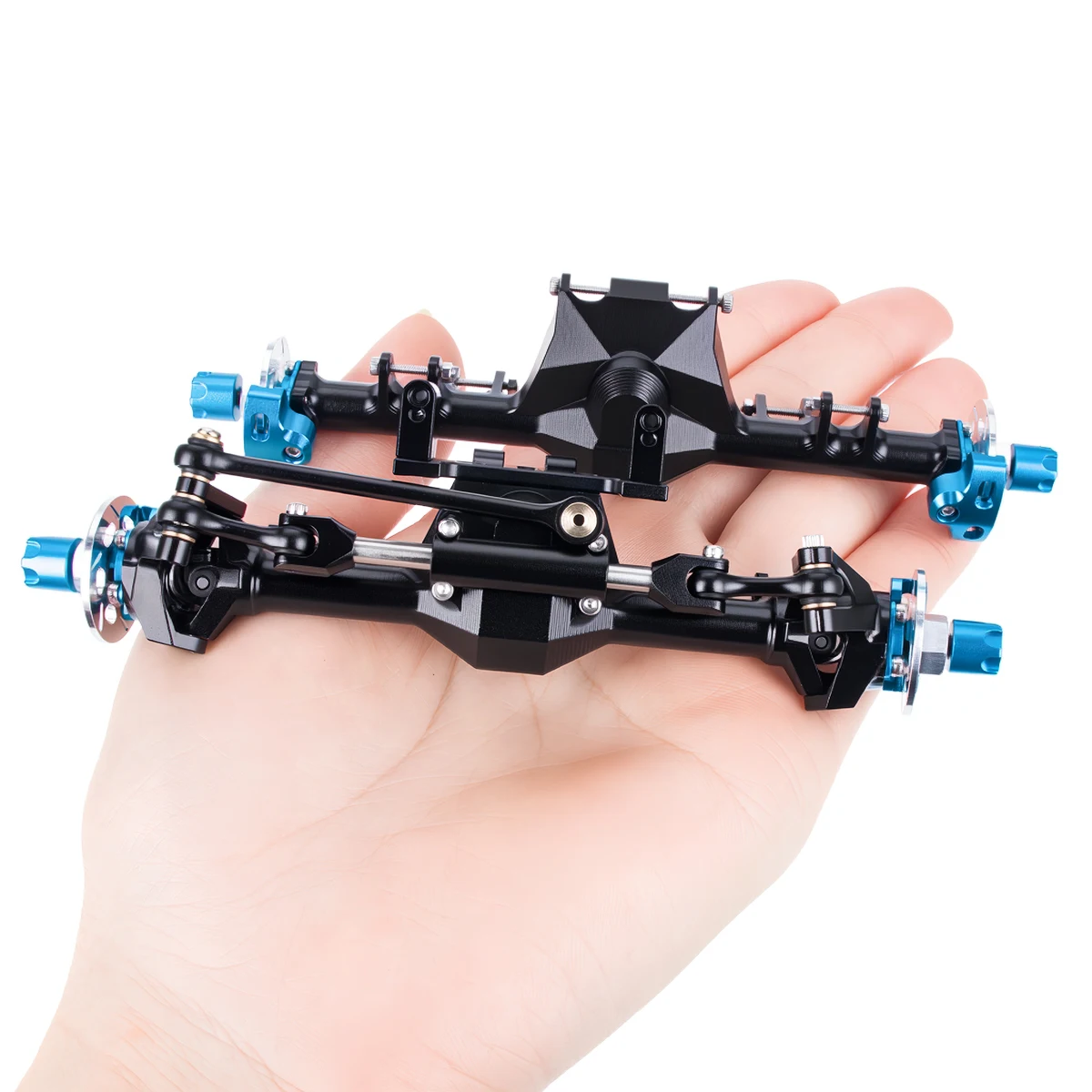 Essieu arrière de Crawler RC en noir, prêt à être monté sur un châssis de voiture télécommandée.