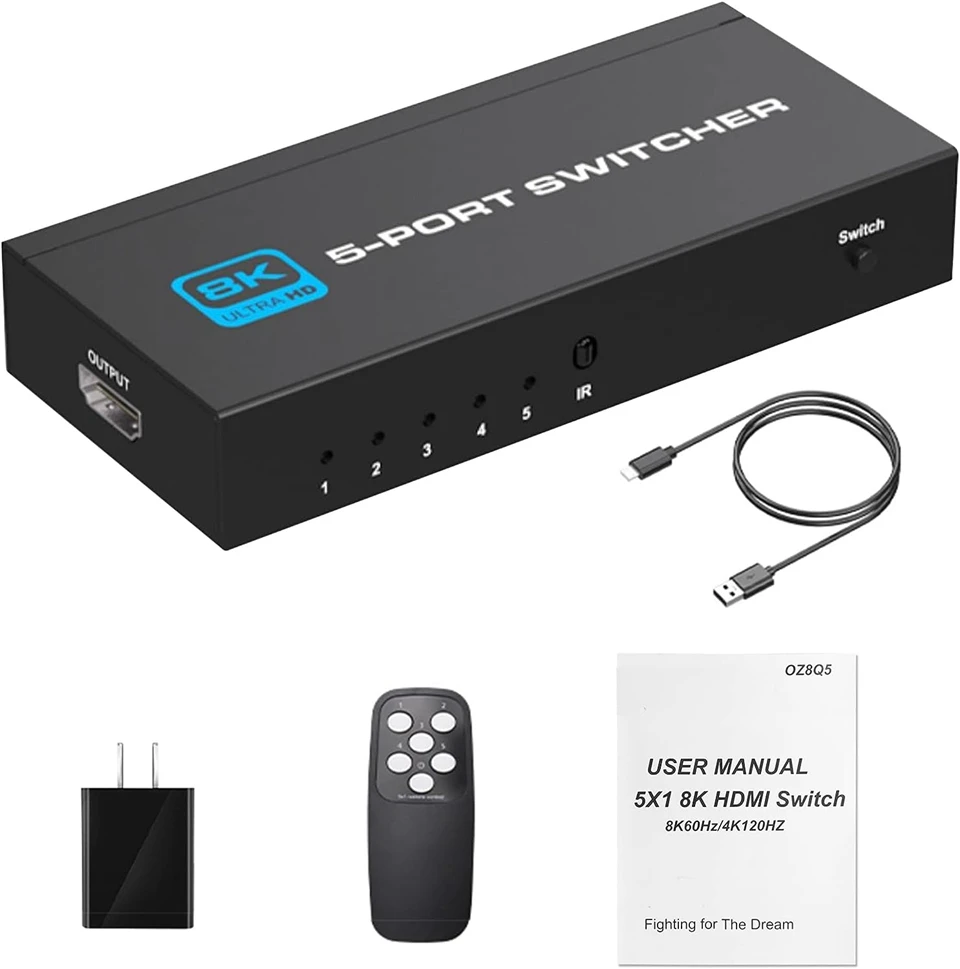 HDMI 2.1 Switcher 8K 60Hz 4K120Hz HDMI-compatible Switch 5 in 1 Out with Remote