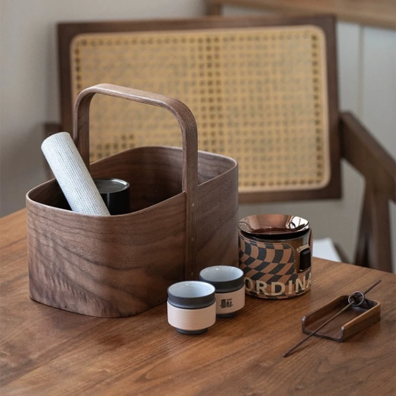 Curved Wood Solid Wood  Storage Box Desktop End Table Hallway Sundries  Outdoor Portable Tea Set Storage Basket 2