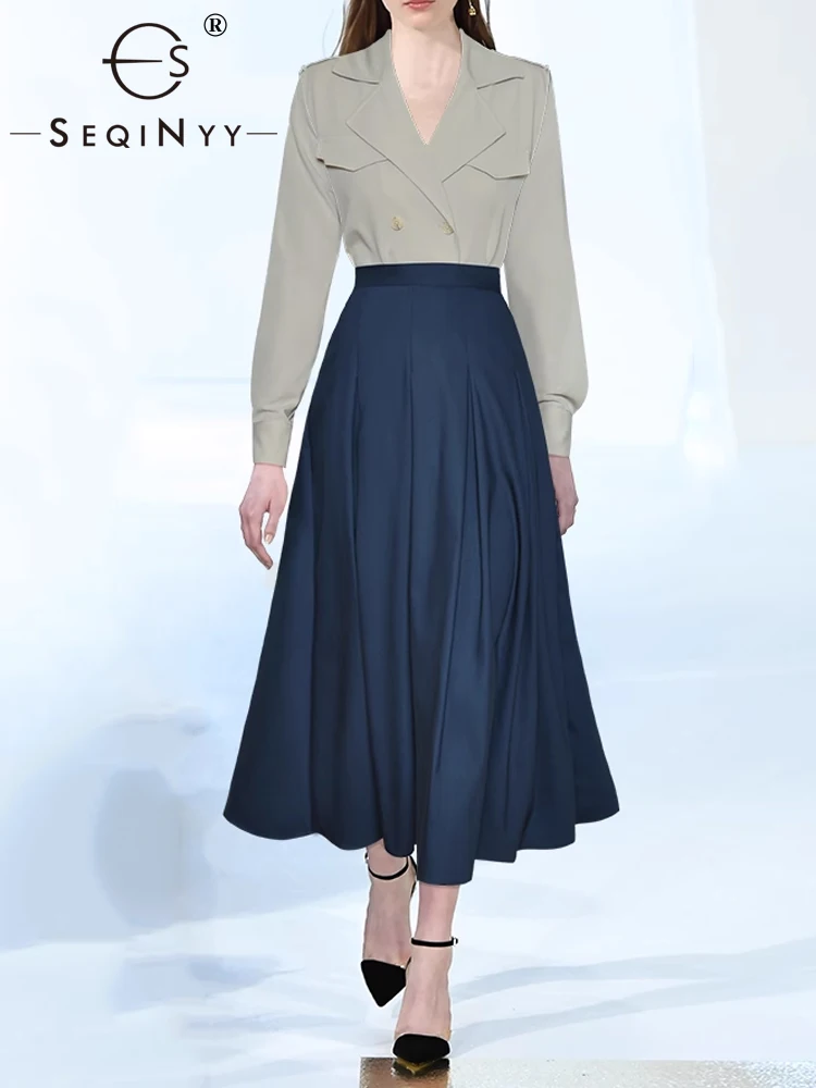 

SEQINYY Elegant Midi Suit Office Lady Spring Autumn New Fashion Design Women Runway High Street Top + A-Line Skirt Casual