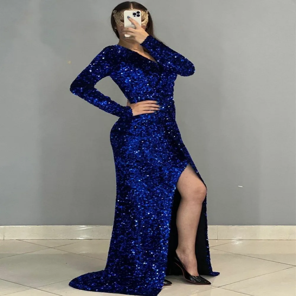 

Shiny Royal Blue Velvet Sequins Evening Dresses Sexy V Neck High Split Long Sleeves Party Prom Formal Gowns Robe De Soirée 2023