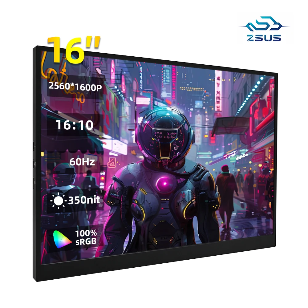ZSUS  16" 2K Portable Monitor 100%sRGB 1600P IPS Screen Travel Gaming Computer Display for Steam Deck Laptop Switch PS4 PS5 Xbox