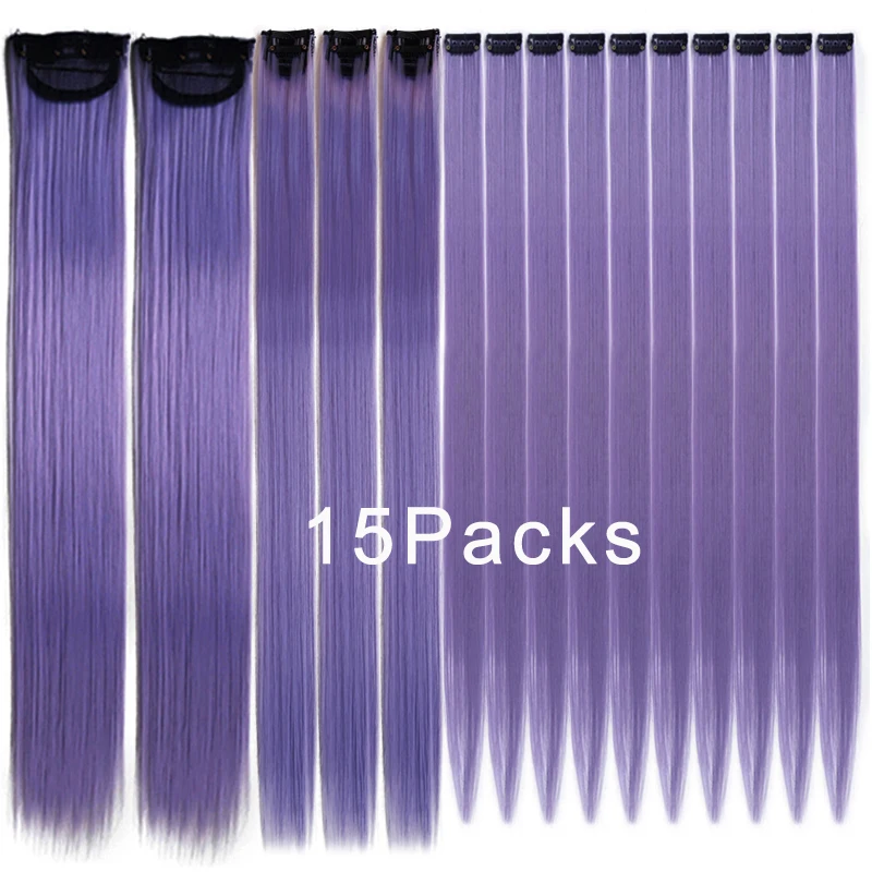 Pink Purple Colored Ombre 16 Clips In Hair Extension Long Straight Brown Black 15 Pcs/Set 22 Inch Synthetic Hair Piece For Women