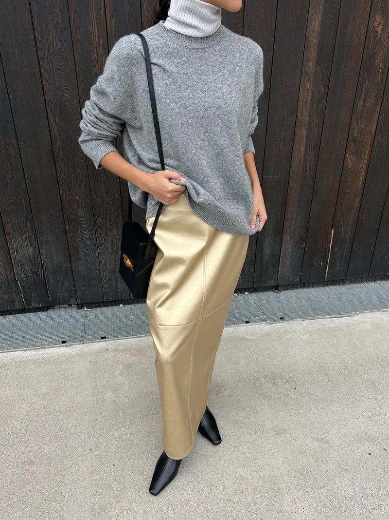 Slit PU Skirts For Women 2025 Spring New Slim Y2K Sheath Skirt Femme Street Solid Casual Fashion Elegant Skirts Womens