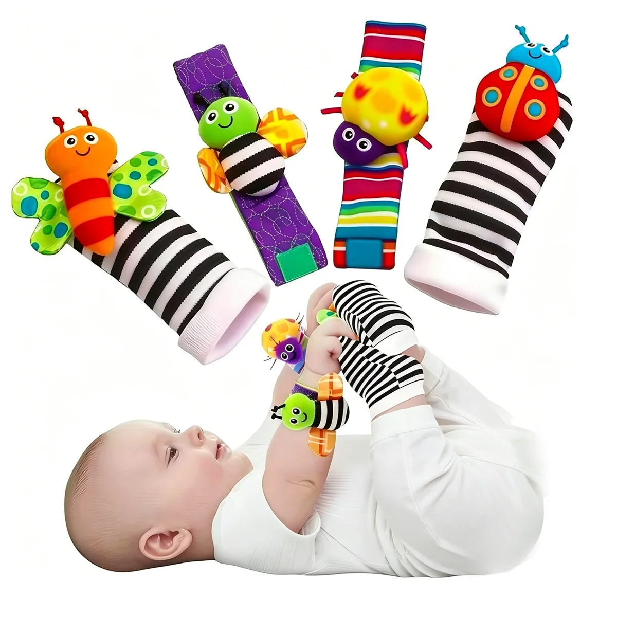 4pcs Baby Rattle Toys Cute Stuffed Animals Wrist Rattle Foot Finder Socks 0~24 Months for Infant Boy Girl Newborn Gift