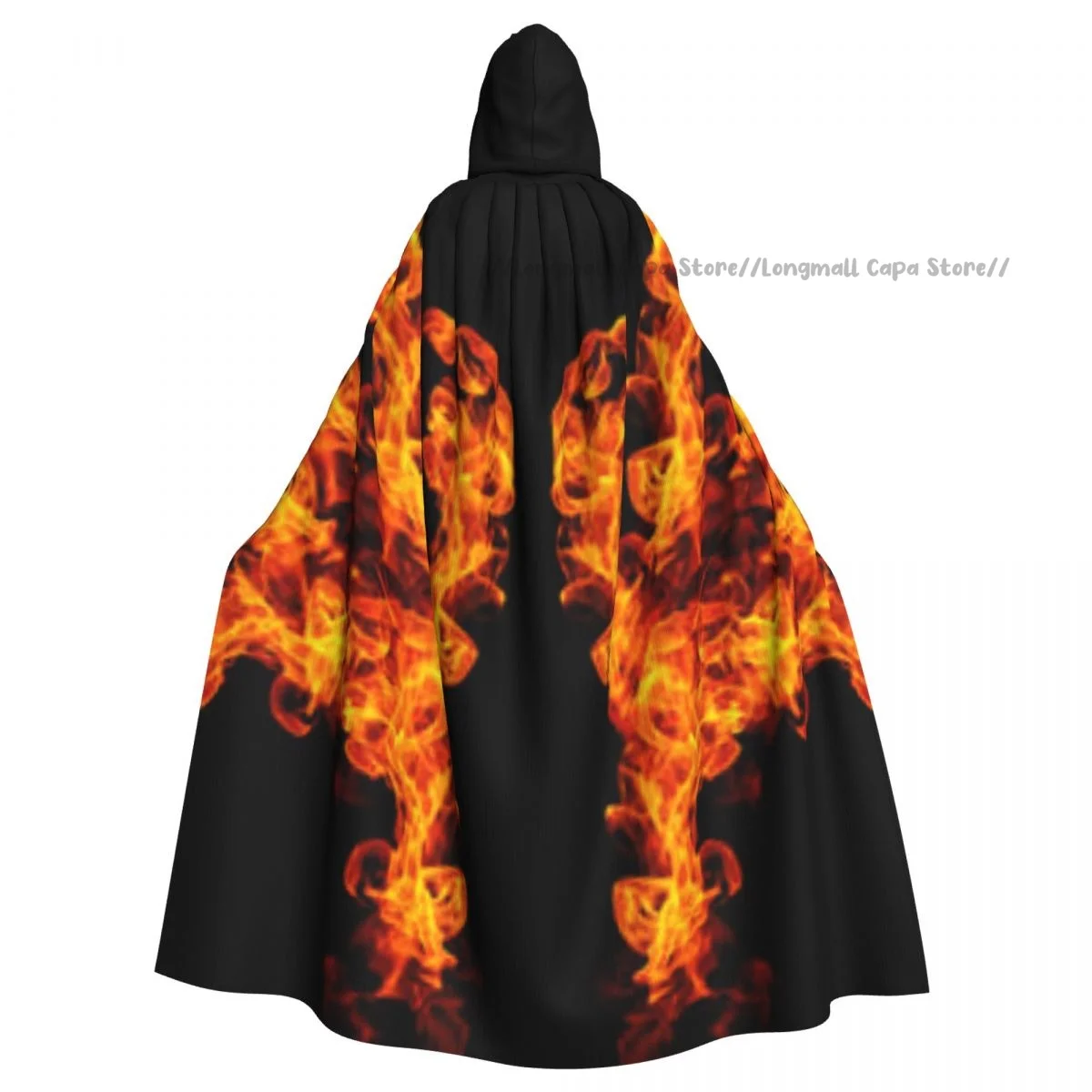 

Adult Halloween Fire Flames Cloak Cape Hooded Medieval Costume Full Length Dress Coat