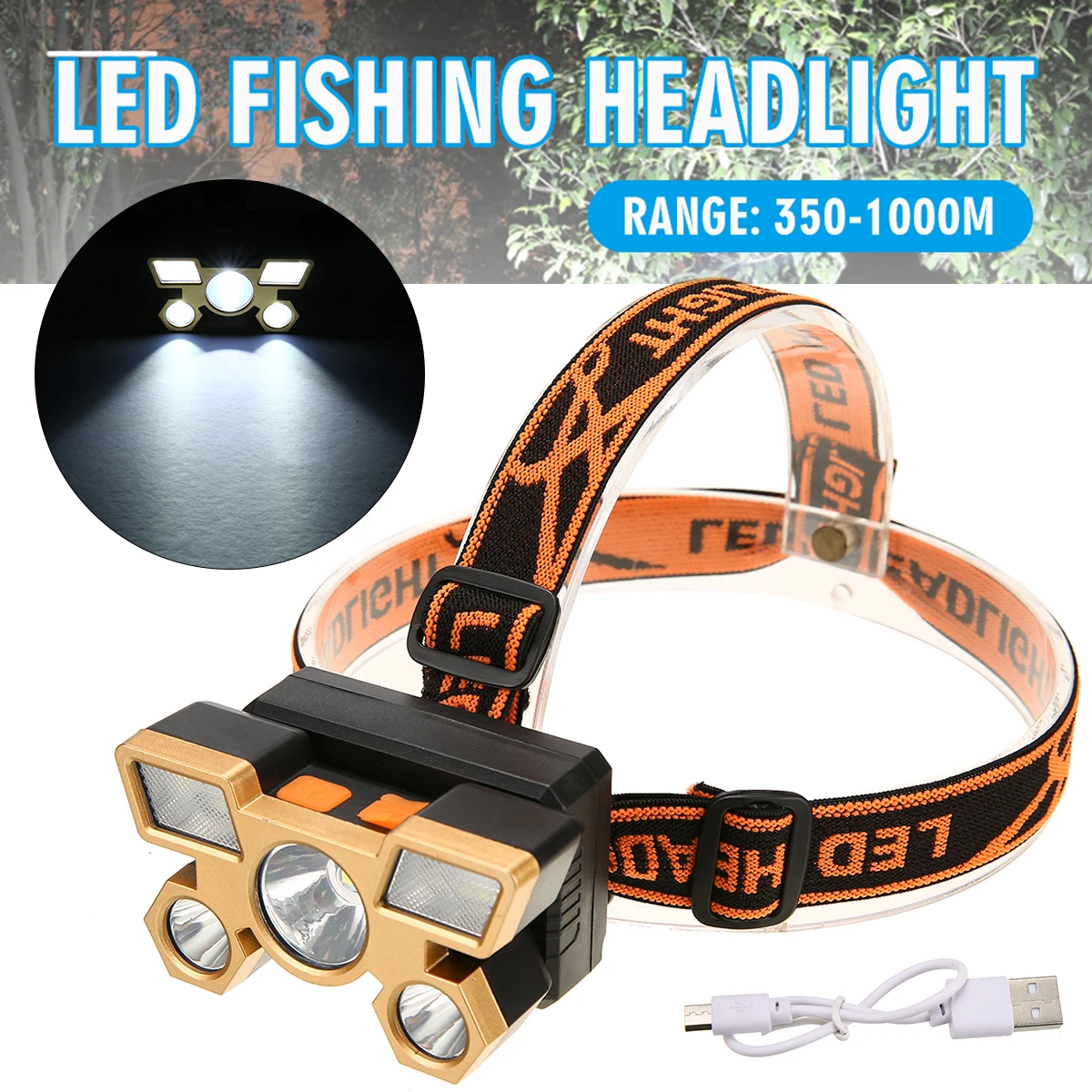 

Portable LED Head-Mounted Lamp For Camping Super Bright 5 Heads Headlight Waterproof Night Fishing Headlamp USB Rechargeable