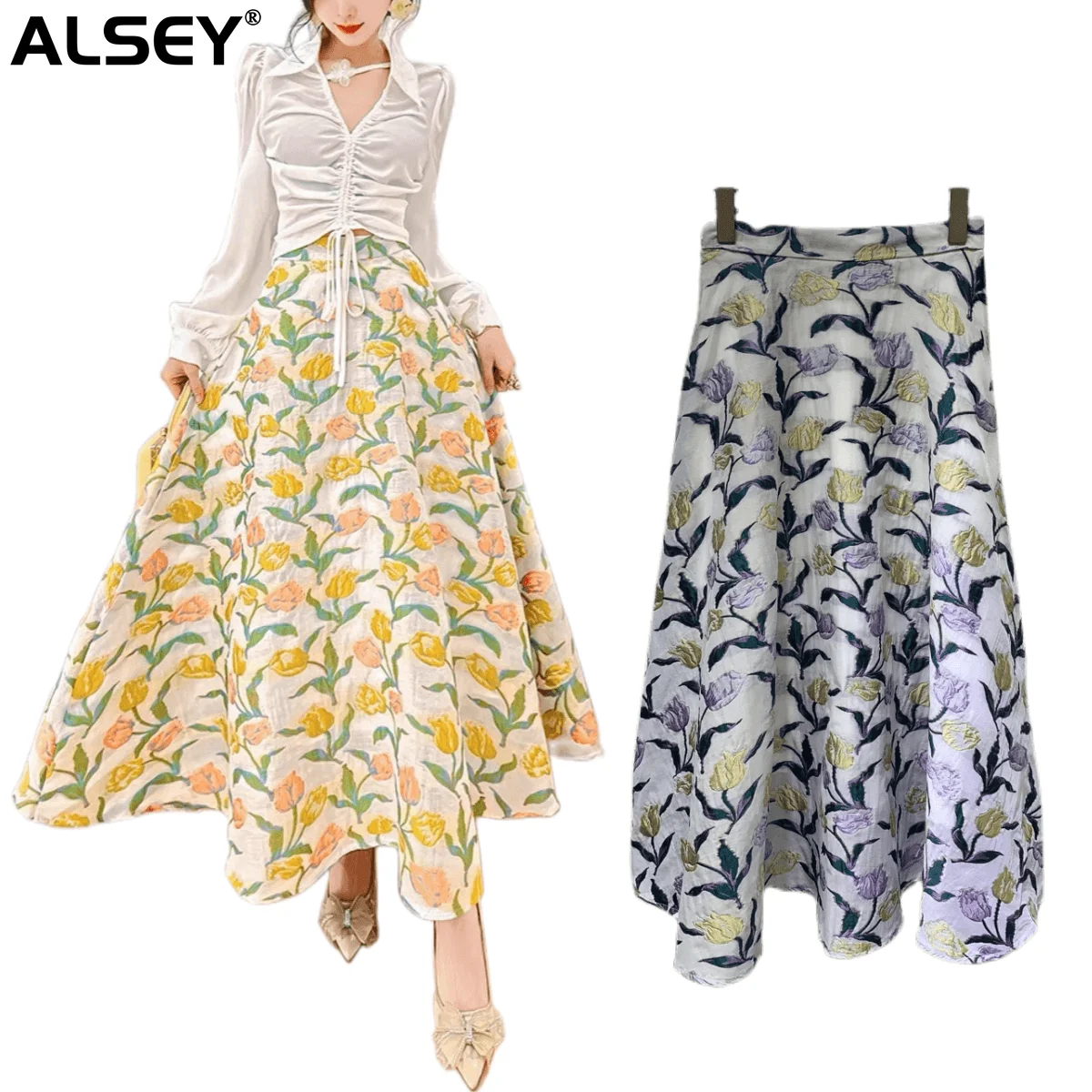 

ALSEY Creative High-quality Retro Jacquard Half Skirt 2023 Spring New Women's High Waist Slim Loose Fashion Skirt In Stock