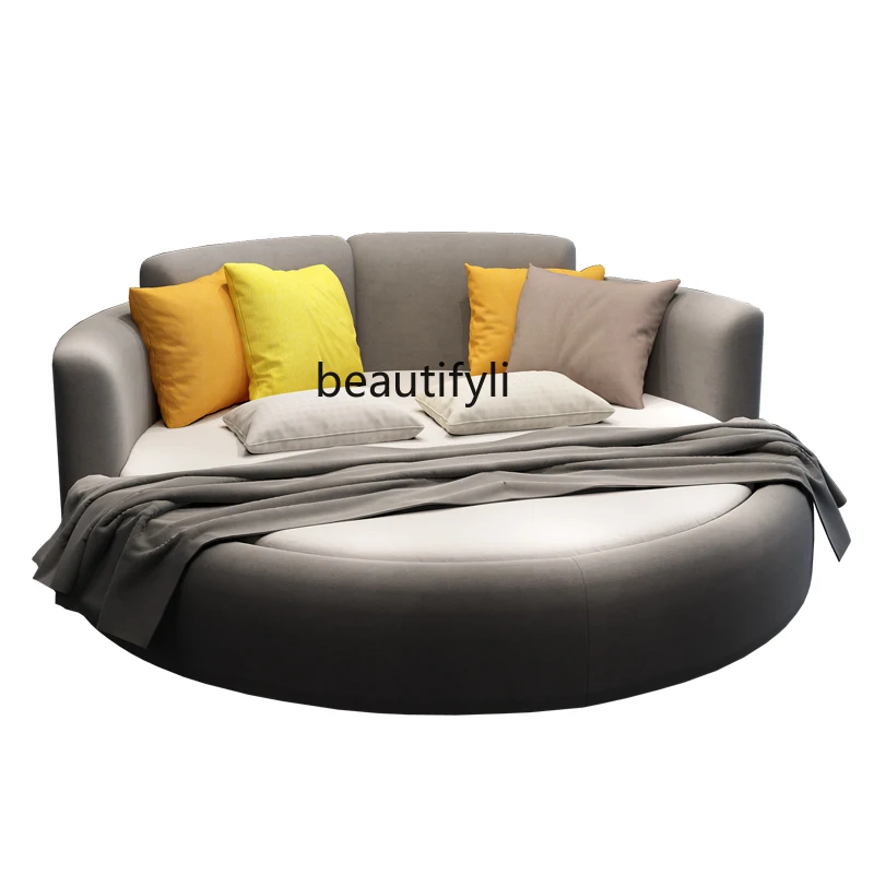 

Double modern simple fabric bedroom stylish round bed small apartment washable couple hotel wedding bed