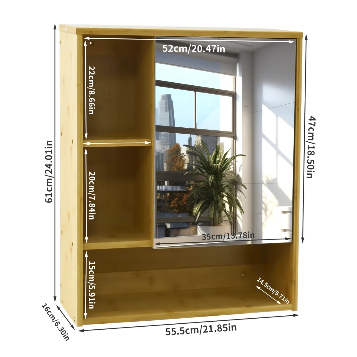 Wall Mounted Medicine Cabinet with Mirror, Natural Bamboo Bathroom Storage Cabinet, Adjustable Shelves for Bathroom, Bedroom — view 5