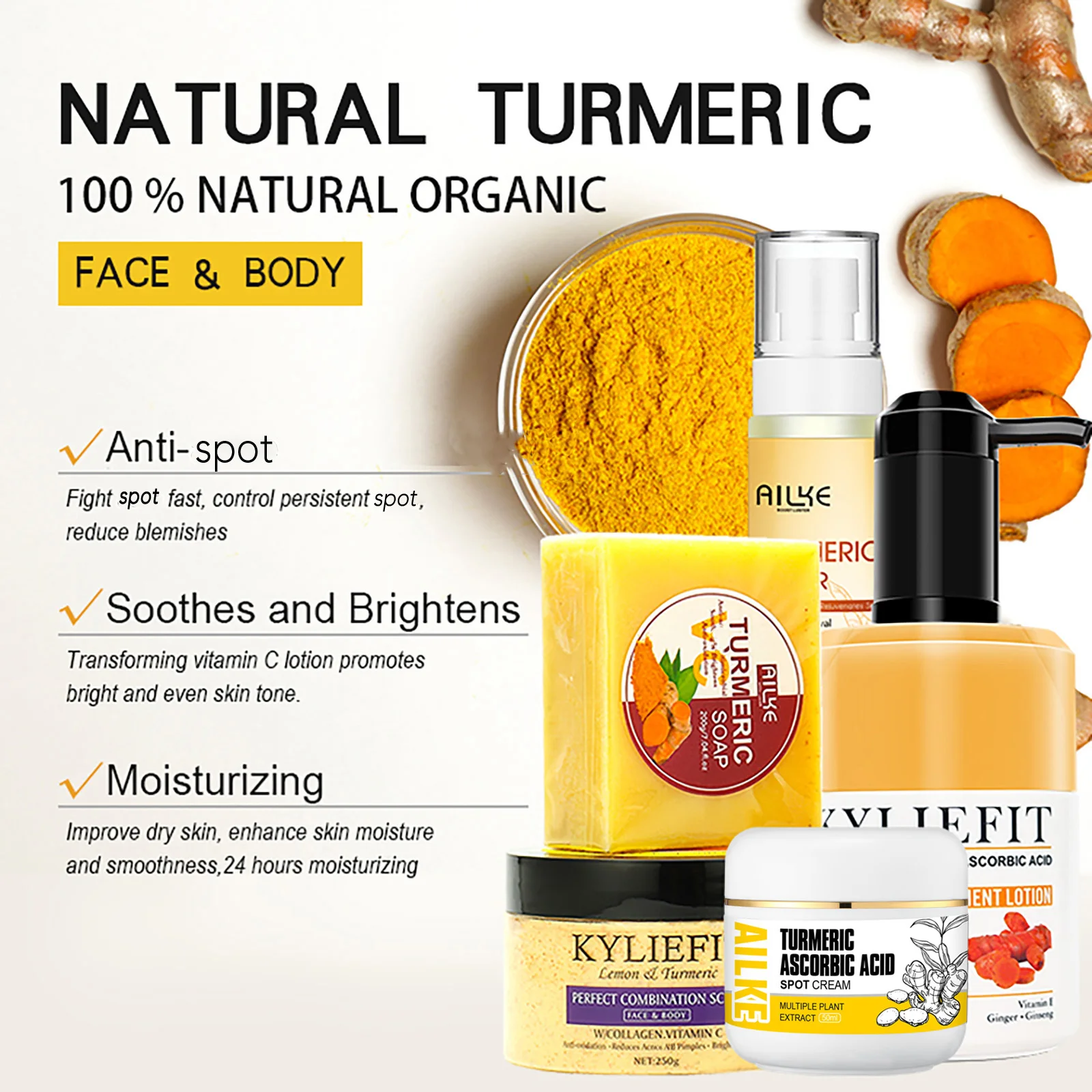 AILKE Natural Turmeric Skin Care Range, Lightening, Cleaning Skin, Moisturizes, Remove Acne and Pimples, Refining Pores 2