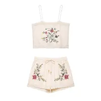 2025 summer new women's casual fashion retro flower embroidered lace camisole top with versatile mid-waist shorts