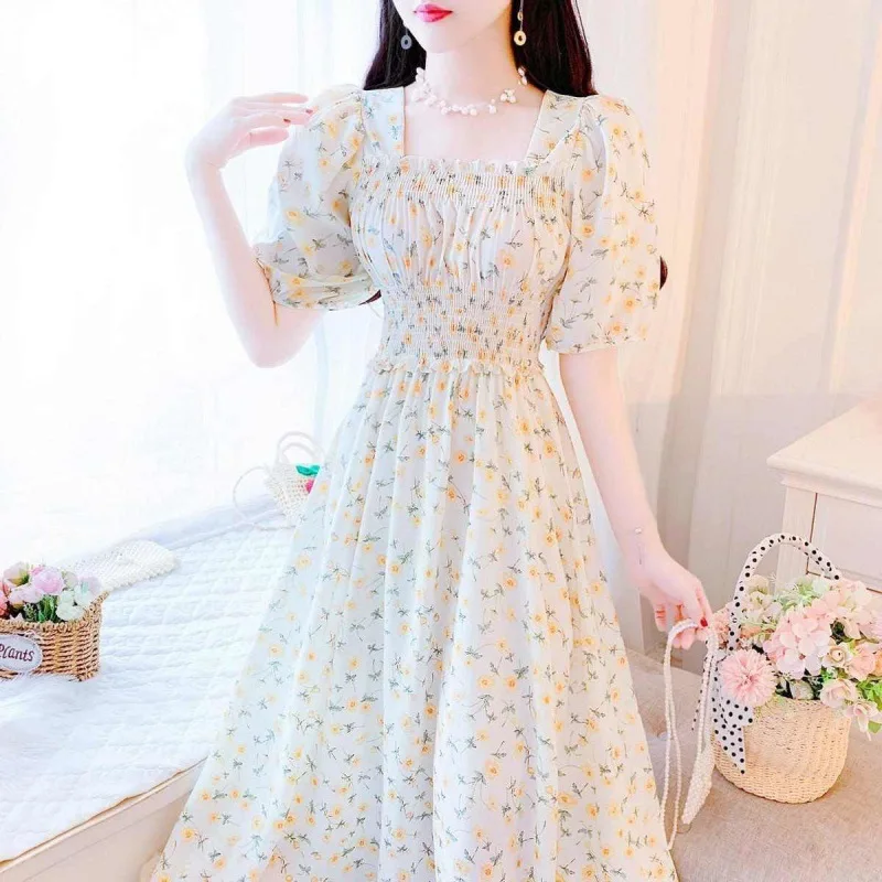 

Dress Floral Skirt French plus Size Summer New Fairy Skirt Temperament Square Collar A- line Dress
