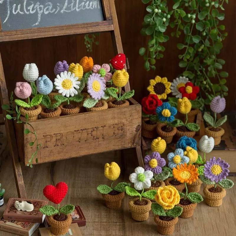Flower Crochet Knitting Kit Tulip Sunflower Daisy Lily Floral Wool Yarn Thread Cord Crochet Material Kit Beginner Starter Set crochet kit