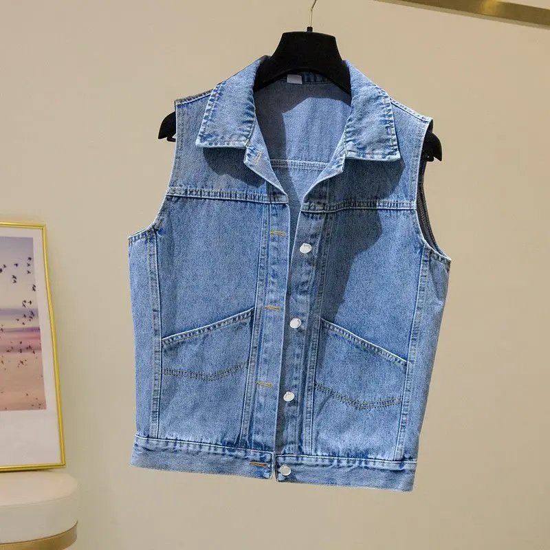 Large Size Denim Vest Women Short Spring and Summer New Product Simple Large Pocket Sleeveless Vest Versatile Top Clothes