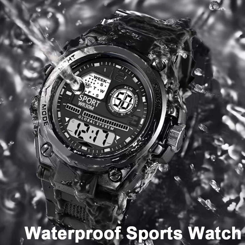 Black Sports Watch for Kids Students Men's Multifunction LED Digital Watch Waterproof Luminous Alarm Clock Electronic Watches 4