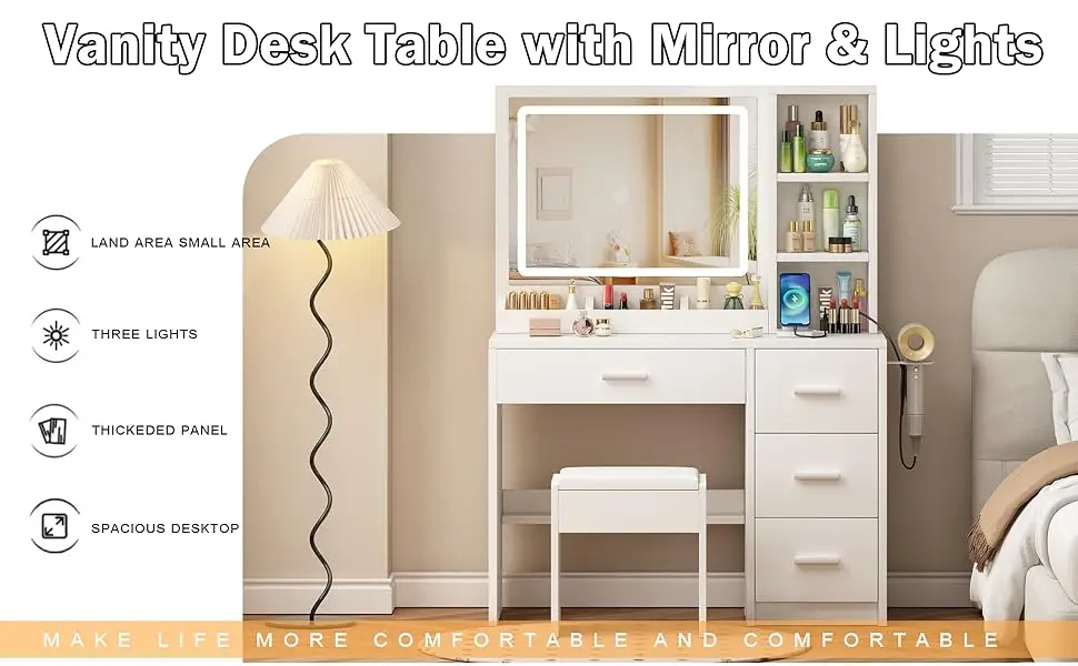 vanity desk with mirror and lights