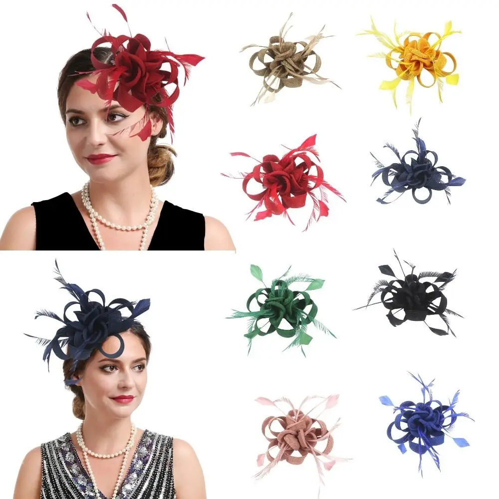 

Feathers Ribbon Brid Fascinator Hairpin With Clip Headband Flower Hair Pins Hat Solid Color Yarn Headwear Cap Wedding Party