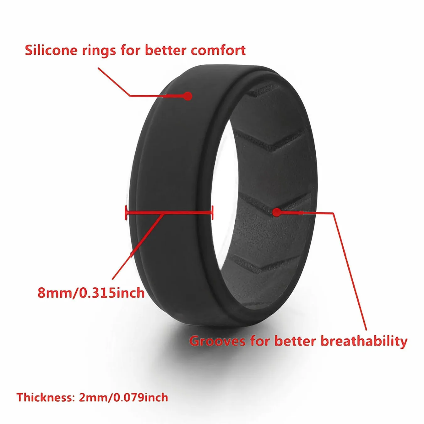2 Stück Soft Comfort Herren-Eheringbänder aus Silikon mit Rillen, stilvolle schwarze Ringe für Ehemänner, Väter, perfektes Geschenk für den Sport – Detail 7
