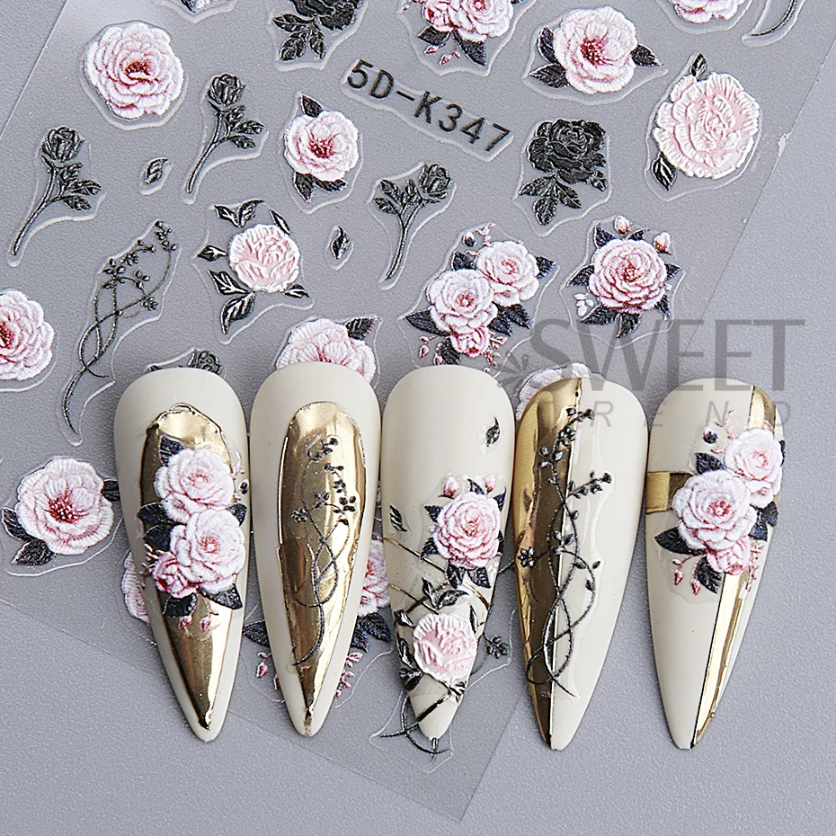 5D Embossed Nail Stickers Valentine‘s Day Red Rose Flower Self-Adhesive Sliders Decals Simple Ladies Manicure Decoration Foils 5