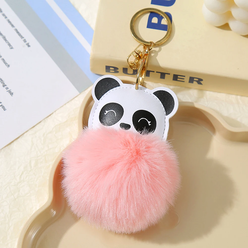 Cute Cartoon Leather Panda Key Chain Soft Faux Rabbit Fur Pompom Key ...
