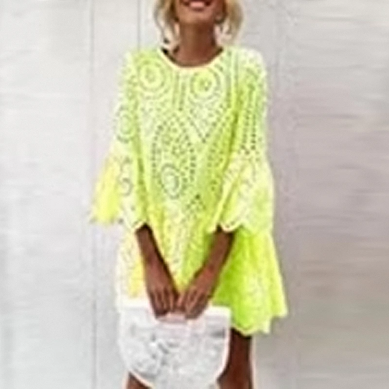 

Summer Casual O-neck Loose Party Dress Women Elegant Lace Embroidery Hollow Mini Dress Fashion Flared Sleeve Solid A-Line Dress