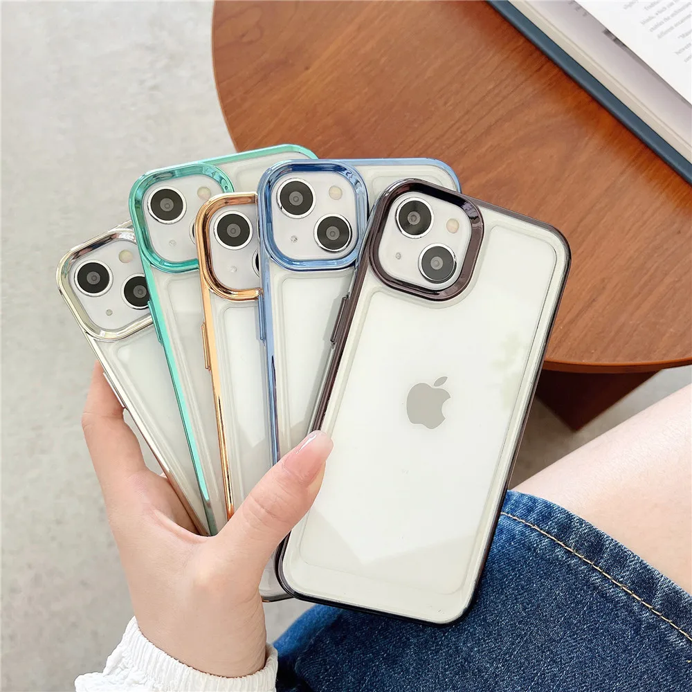 

Luxury Plating Clear Acrylic Silicone Phone Case For iPhone 14 13 12 11 11Pro X XR XS Max Lens Protection Cases Back Cover Funda
