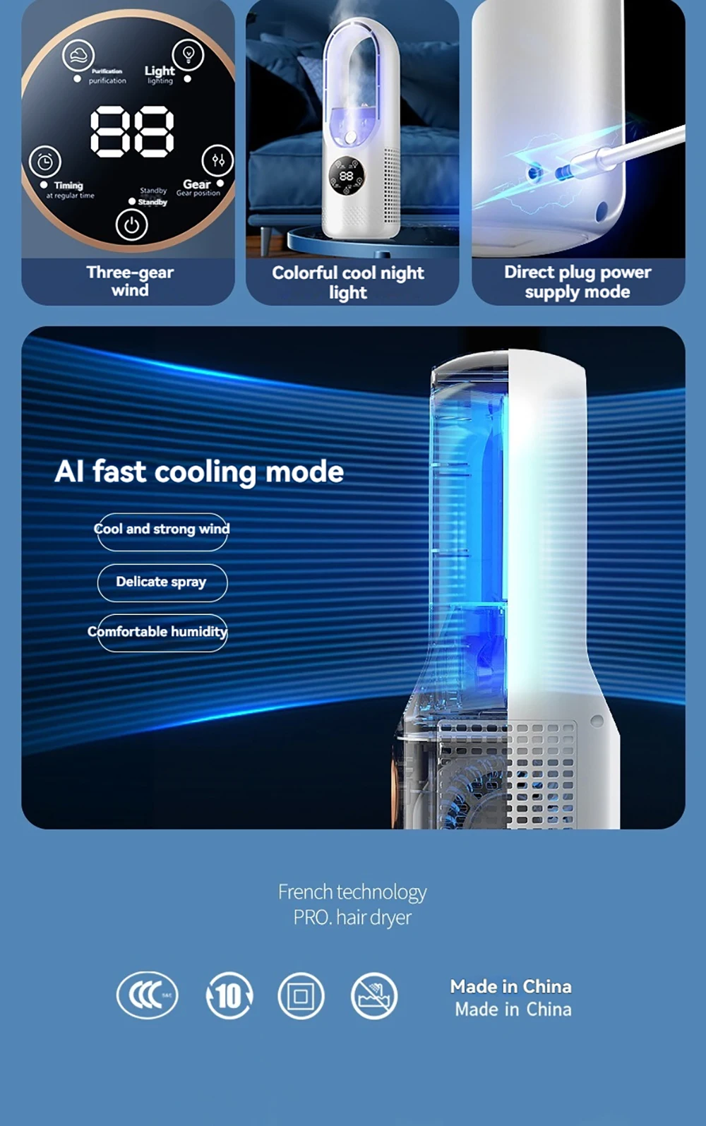 Mini Air Cooler Humidification Cooling USB Silent Timed Air Conditioning Fan Colorful Lights Night Light Led Screen 6 Wind Speed