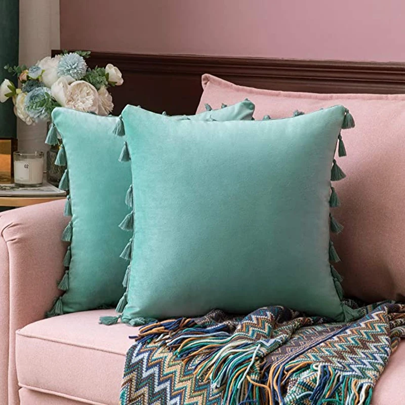 Inyahome Water Blue Velvet Soft Solid Decorative Throw Pillow Cover with Tassels Fringe Boho Cushion Case for Couch Sofa Bed 4